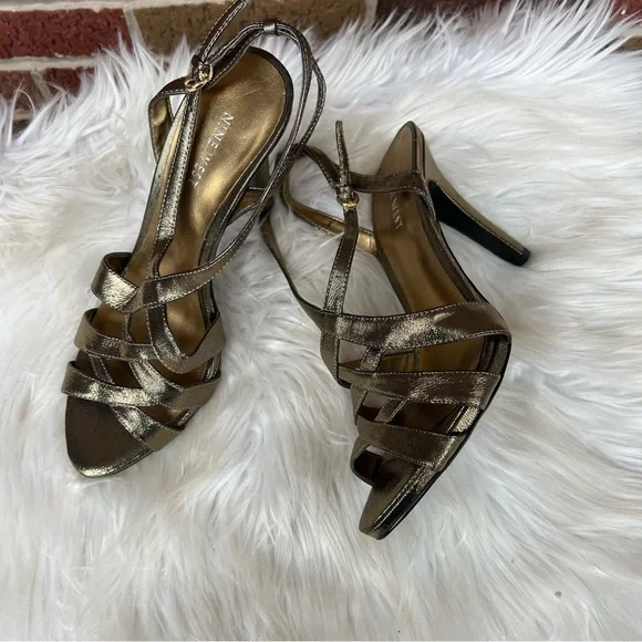 Nine West Shiny Gold Strappy Open Toe Sling Back Pump Heels - Picture 2 of 7